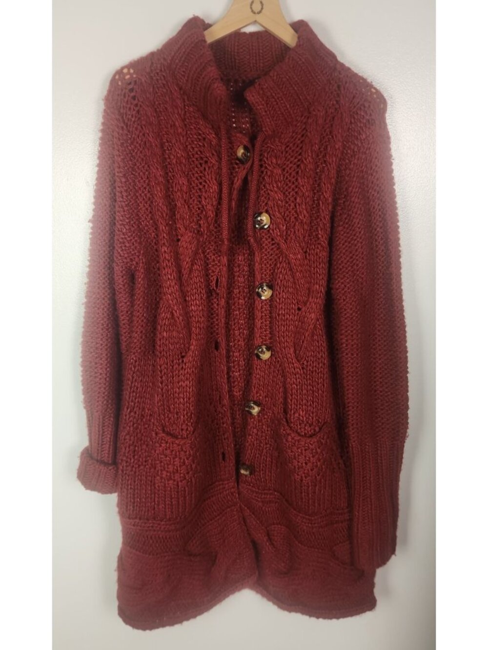 J. Peterman Women's Sz. M Red Button Up Oversized Tunic Cable Sweater